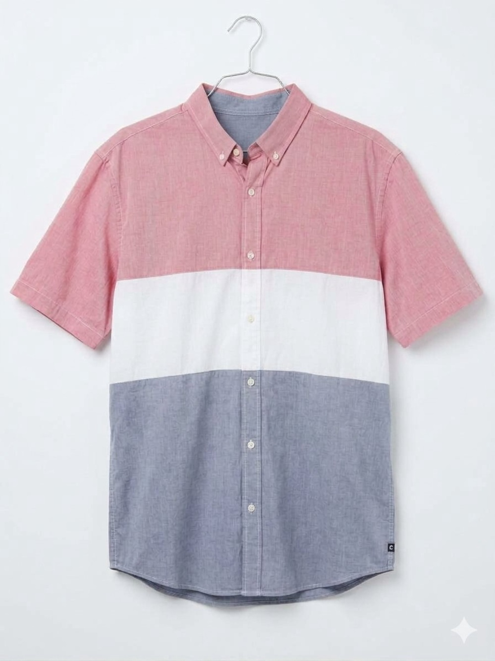 Chaps Pink White Blue Short-Sleeve Colorblock Button-Down Shirt